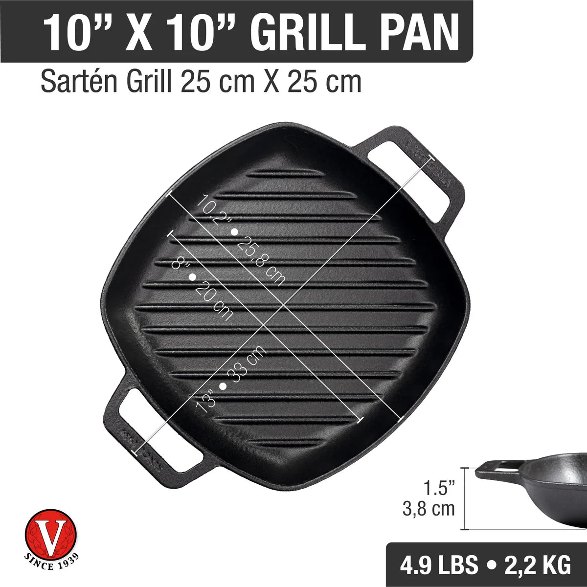 Victoria 10'' Cast Iron Square Grill Pan with Double Loop Handles Barbecue grill online shopping