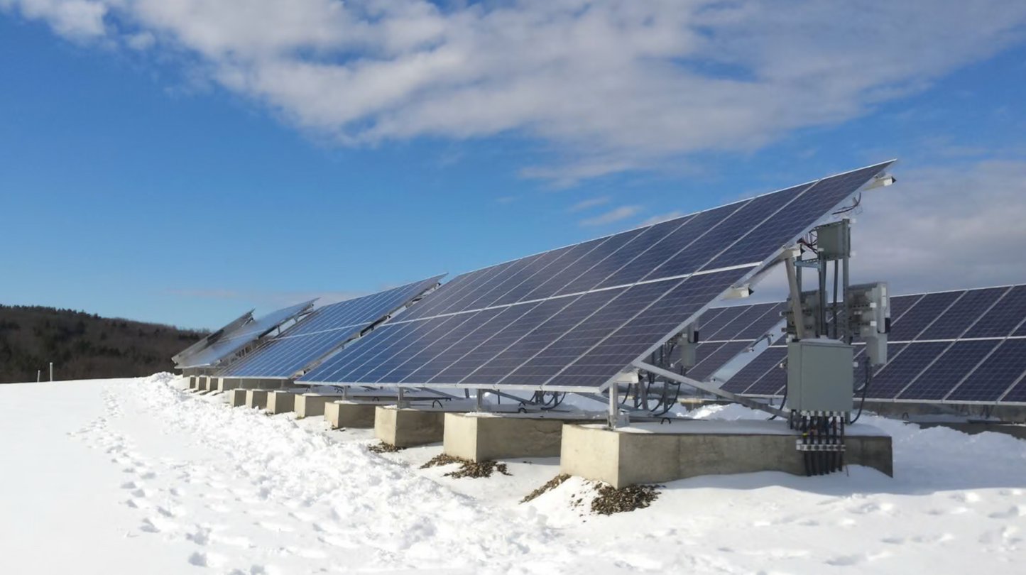 Solar panels operate in snow in Belfast, Northern Ireland, UK.