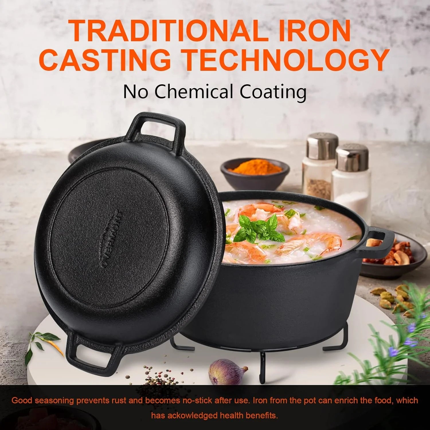Overmont 2 in 1 Cast Iron Dutch Oven with Skillet Lid Barbecue grill online shopping