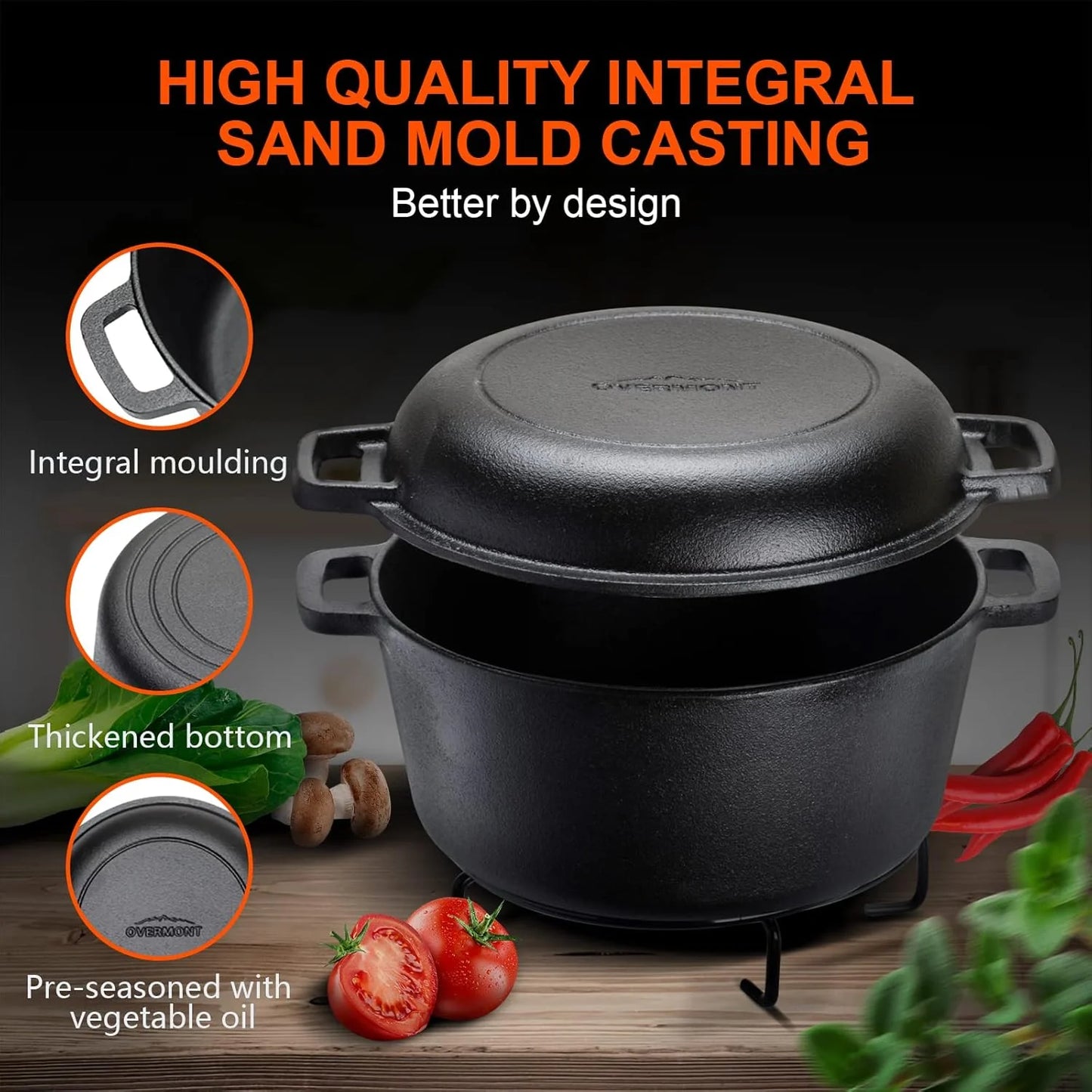 Overmont 2 in 1 Cast Iron Dutch Oven with Skillet Lid Barbecue grill online shopping