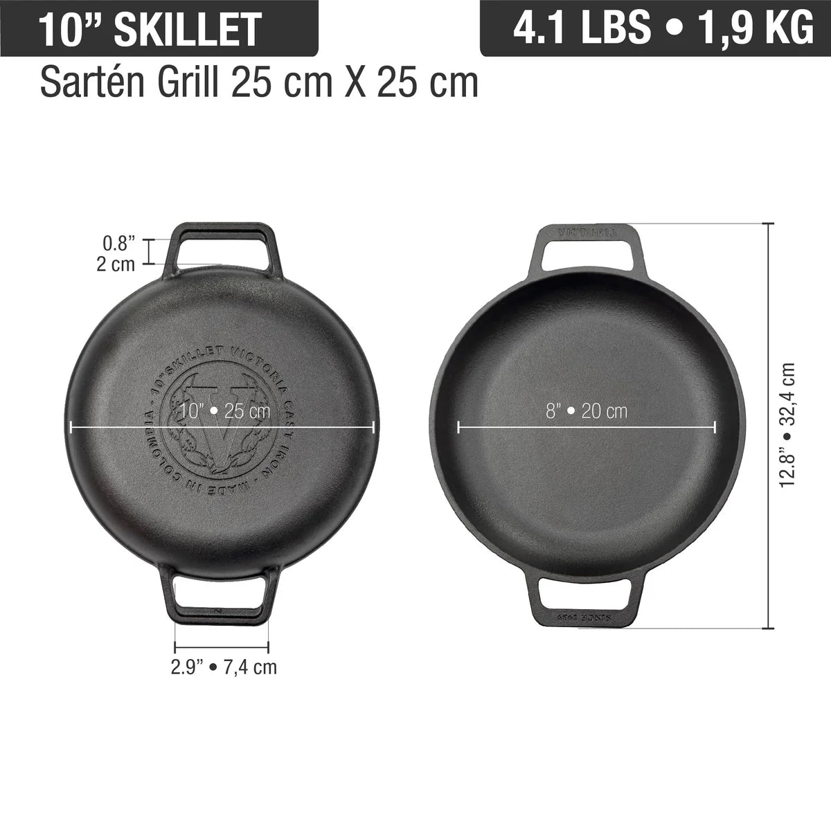 Victoria 10'' Cast Iron Round Skillet with Double Loop Handles Barbecue grill online shopping
