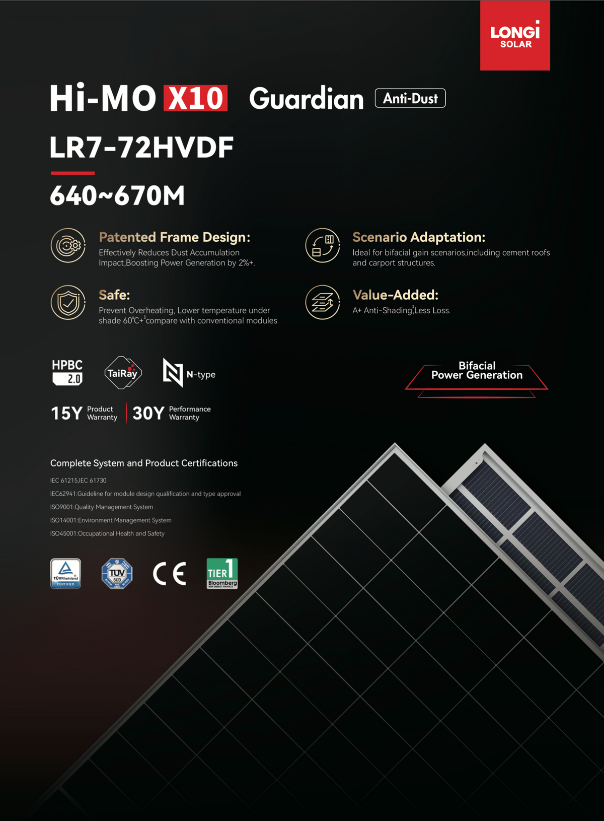 LONGi HI-MOX10 Guardian Anti Dust 640-670M PV Module LR7-72HVDF solar energy online shopping