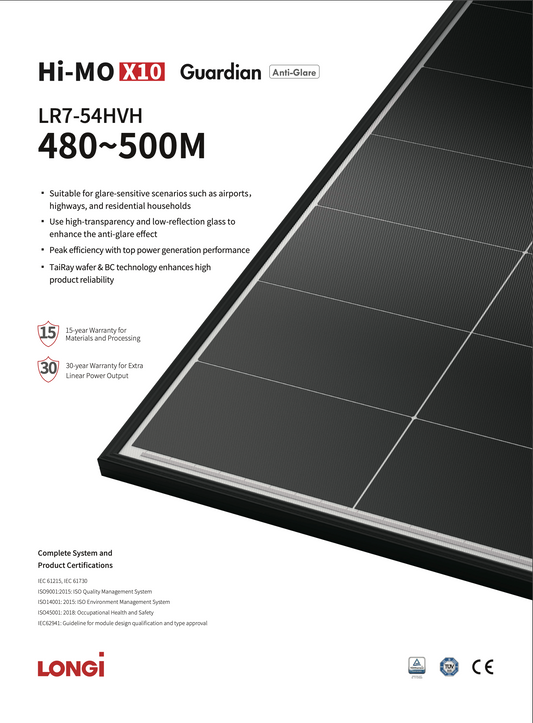 LONGi HI-MOX10 Guardian Anti Glare 480-500M PV Module LR7-54HVH solar energy online shopping