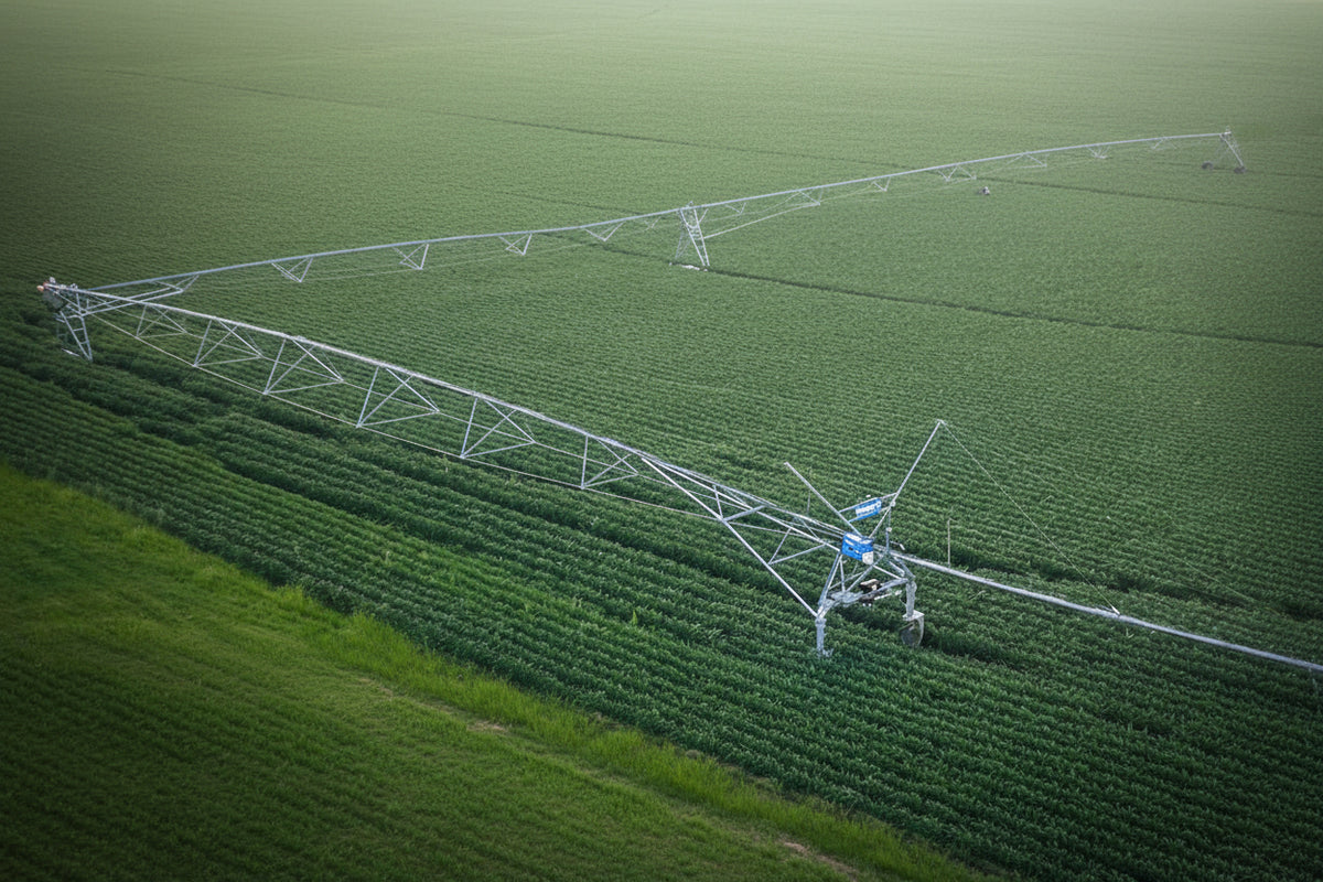 Agricultural landscape showing a large center pivot irrigation system watering a green field at night.